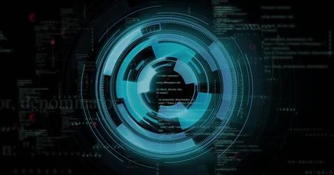 Rotating blue circular HUD interface in virtual space, with orbiting indicators Foto stock