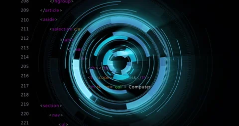 Rotating blue circular interface displaying animated HTML code Stock Footage 303739209