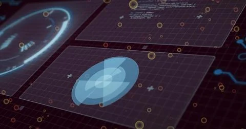 Rotating blue concentric HUD element sitting centered on dark grid showing Stock Photos