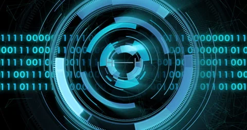 Rotating blue digital interface with binary code and circular patterns, Stock Footage 306635950