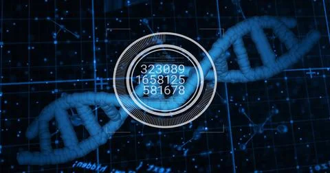 Rotating blue DNA double helix glowing in virtual laboratory, showing circular Stock Illustration