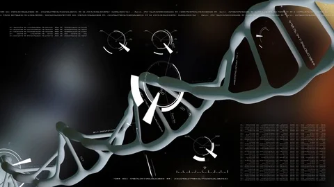 Rotating blue DNA with formula and data processing background. Genetic Stock Footage 77733624