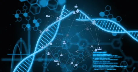 Rotating blue DNA helix activating network nodes and sliding code showcasing Stock Footage 311699407
