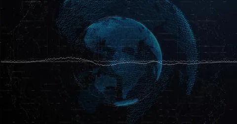 Rotating blue dotted globe pulsing in virtual space, with white waveform and Stock Illustration