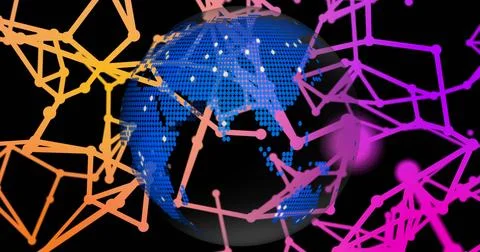 Rotating blue dotted globe showing orange and magenta node networks in virtual Stock Illustration