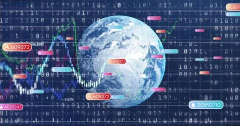 Rotating blue Earth globe floating in virtual data space, with binary code, 写真素材