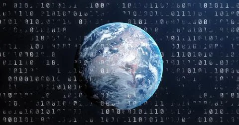 Rotating blue Earth globe floating in outer space, with binary digits overlay, Stock Photos