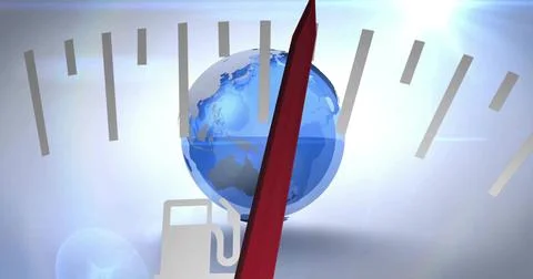 Rotating blue Earth globe sitting in studio backdrop, with red fin, beige bars, Stock Illustration
