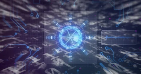 Rotating blue elements in animation on futuristic digital interface background Stock Footage 303564002