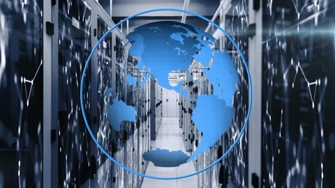 Rotating blue globe with data flow on servers symbolizes global tech processing. Stock Footage 327359200