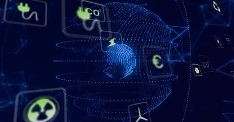 Rotating blue globe projecting dotted rings in virtual dashboard, with Stock Photos