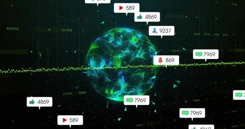 Rotating blue green network node globe floating in cyberspace, with social media Stock Photos