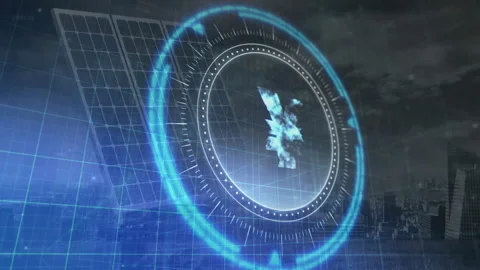 Rotating blue holographic elements in animation over futuristic cityscape Stock Footage 305883888