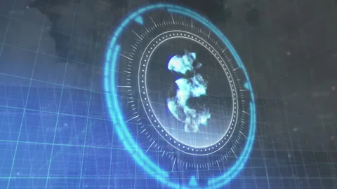 Rotating blue holographic elements on digital interface with grid background Stock Footage 305883897