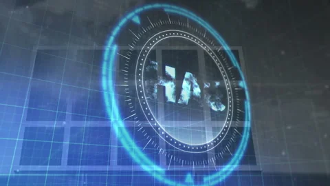 Rotating blue holographic elements with grid background in digital animation Stock Footage 305883885