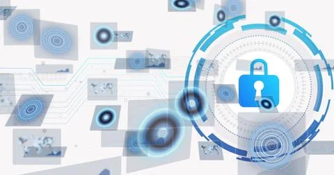 Rotating blue padlock icon circulating within cybersecurity interface, with data Stock Photos