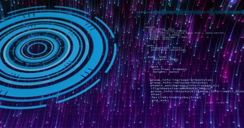 Rotating blue patterns and programming code animating over digital grid Stock Footage 304488001