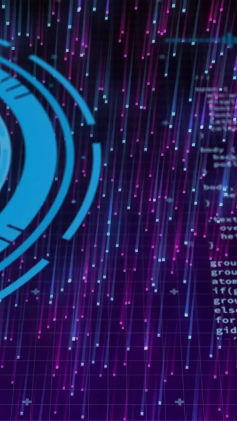 Rotating blue patterns and programming code animating over digital grid Stock Footage 342010646