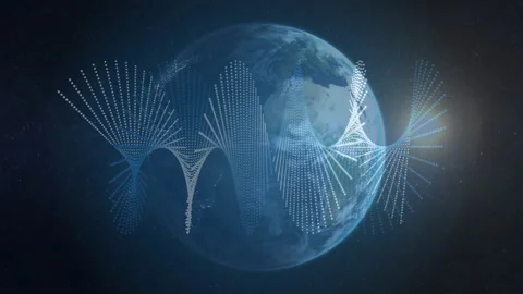 Rotating blue planet, particles drifting, dots assembling into waveform, Stock Footage 312639703