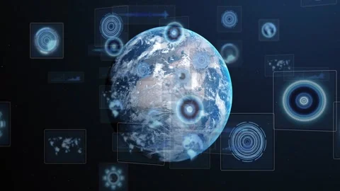Rotating blue planet starting HUD elements on startup, panels sliding, rings Stock Footage 329470770