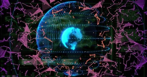 Rotating blue point-cloud globe pulsing in digital display, showing orange nodes Stock-Illustration
