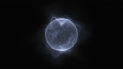 A rotating blue sphere with a granular surface emitting vortices of particle Stock Footage 238845547