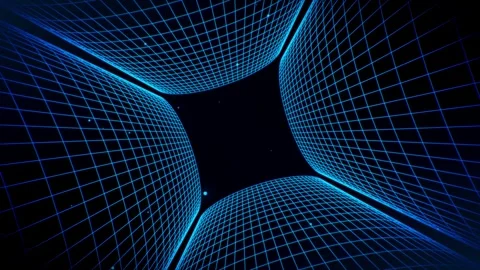 Rotating blue wireframe grid tunnel animation with glowing particles Stock Footage 252722179