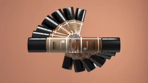 Rotating bottles of foundation in different tones. Vials with tone number. Stock Footage 145745671