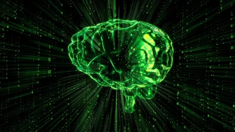 Rotating brain, binary code in background - AI concept Stock Footage 314199642