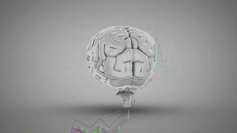 Rotating brain showing data on gray, magenta traces and green red markers Stock Footage 331176204