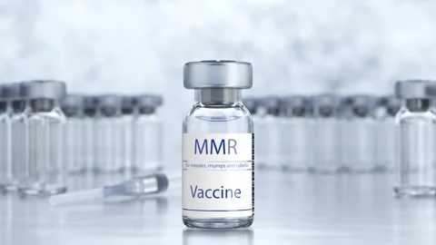 Rotating camera around vaccine vial. Medical and healthcare concept. Measles, Stock Footage 307999161