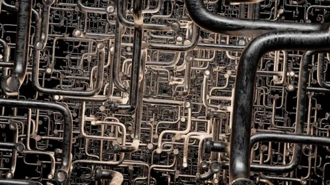 Rotating camera flies through many different curved metal pipes. 3d render loope Stock-Footage 300187845
