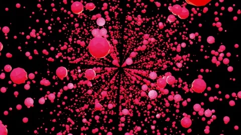 Rotating camera flies through pink rotating low poly spheres on black background Stock Footage 297686239