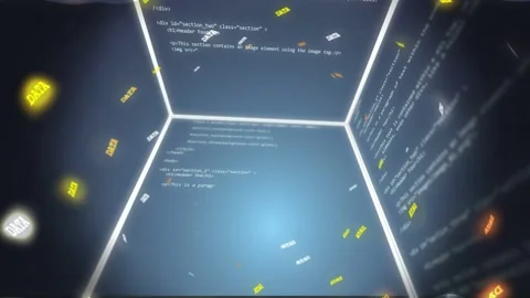 Rotating camera revealing code-covered cube faces in virtual chamber, creating Stock Footage 332867142