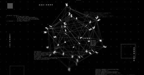 Rotating centered 3D wireframe network pulsing against black backdrop, with Stock Photos