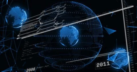 Rotating centered holographic globe projecting concentric rings in virtual HUD, 스톡 사진