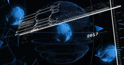 Rotating central blue point-cloud globe at center in virtual cyberspace, showing Stockillustratie