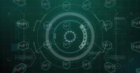 Rotating central circular HUD element displaying code on holographic display Stock Photos