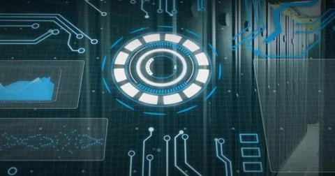 Rotating central circular HUD element casting clear data panels over server Stock Photos