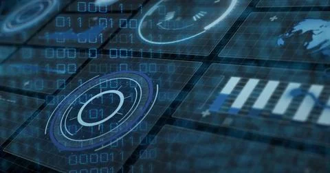 Rotating central circular HUD interface on command center console, with digit Stock Illustration