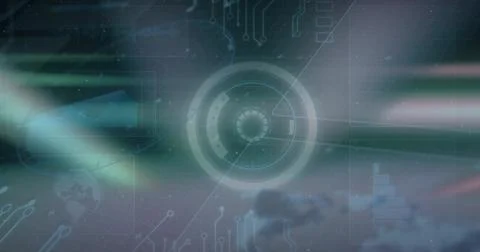 Rotating central circular HUD projecting soft glow over cloud-like backdrop, Stock Illustration