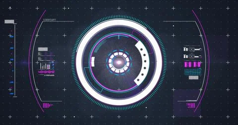 Rotating central circular HUD reticle emitting energy on dark grid, showing data Stock Illustration