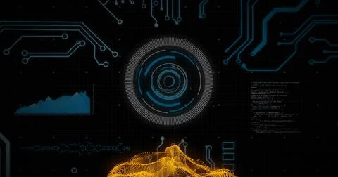 Rotating central circular HUD scanning on dark grid dashboard, showing orange Stock Illustration