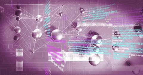 Rotating central cluster linking metallic spheres via thin lines in virtual Stock Illustration