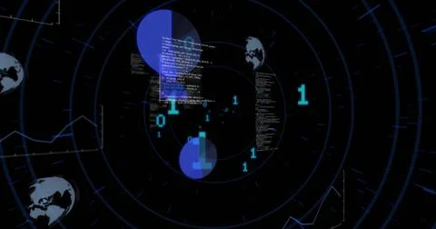 Rotating central cluster showing blue circles, code blocks binary digits on Illustrazione stock