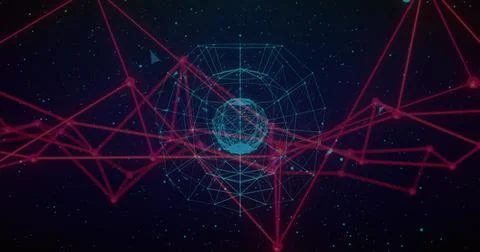 Rotating central cyan wireframe sphere inside cage in starfield, with red 스톡 일러스트