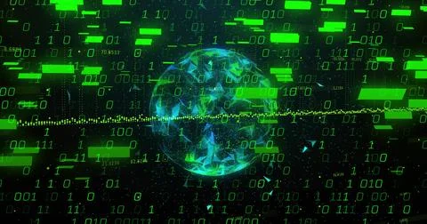 Rotating central digital globe glowing in virtual cyberspace, with binary digits 스톡 일러스트