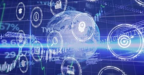 Rotating central digital globe showing candlestick charts and binary code on Stock Illustration