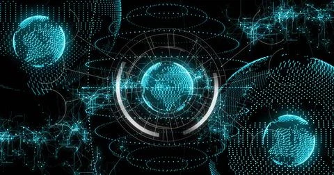 Rotating central digital globe within virtual data realm, featuring concentri Illustrazione stock