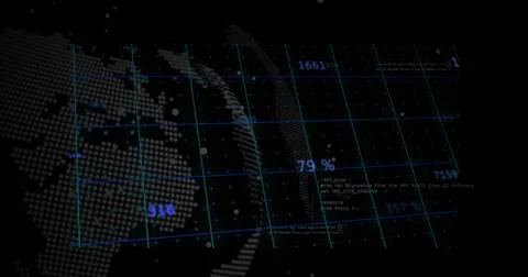 Rotating central digital grid and curved dotted ribbons over HUD, showing left 스톡 일러스트